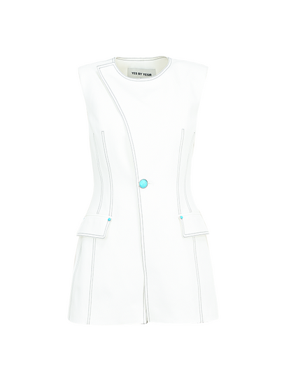 YES BY YESIR | Topstitched Denim Vest and Pant Suit Set - CYANNE.