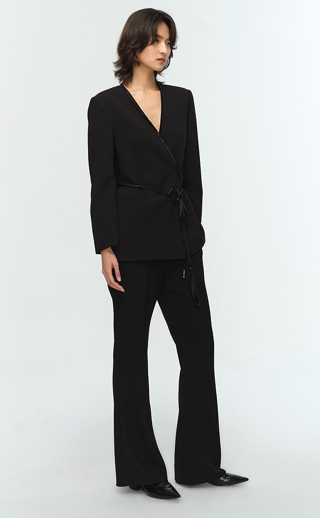 COMME MOI Lu Yan Designer New Women's Acetate V-Neck Waist Rope Slim Suit - BAKA.