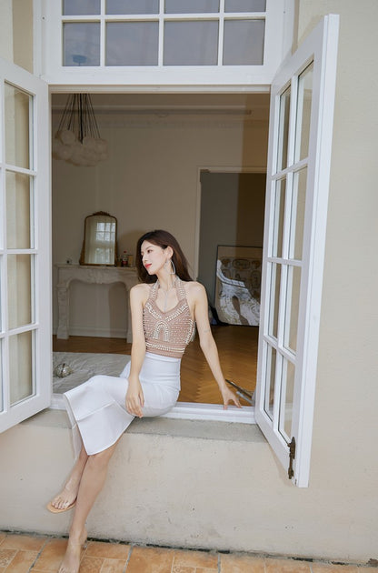 DOLLY High End V-Neck Sleeveless Halter Neck Pearl Body Hug Long Party Dress-CHARMAINE