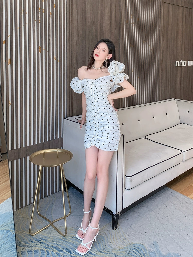 DOLLY Elegant White Off Shoulder Short Puff Sleeve Slim Fit Short Polka Dot Dress-MINA