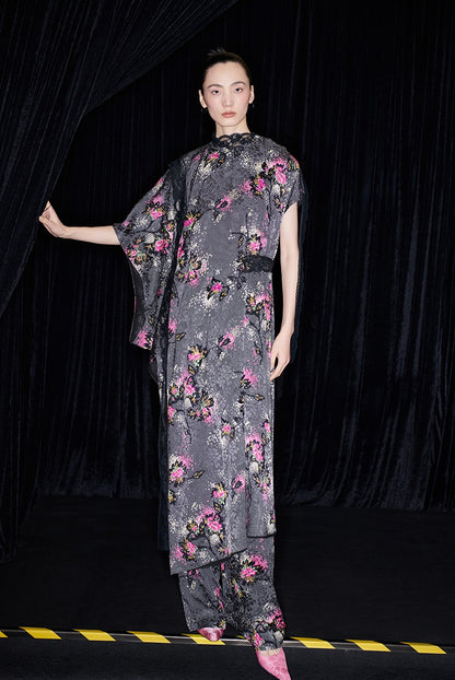 M essential Mackay designer cherry blossom print beaded asymmetrical dress - WORDS.