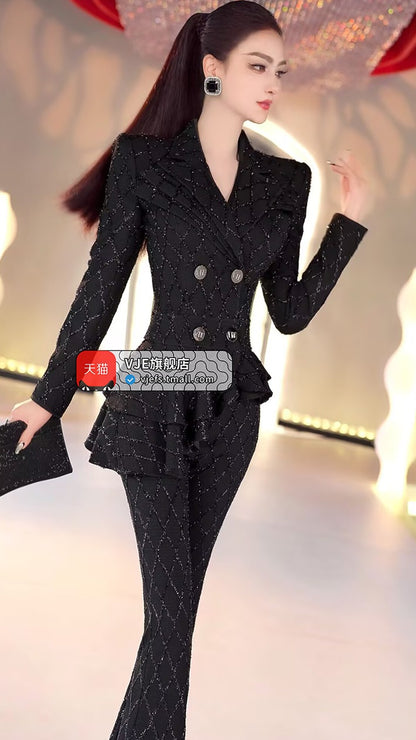 VJE Double-breasted Skirt Top Micro Flared Pants Two-Piece Set-MINO.