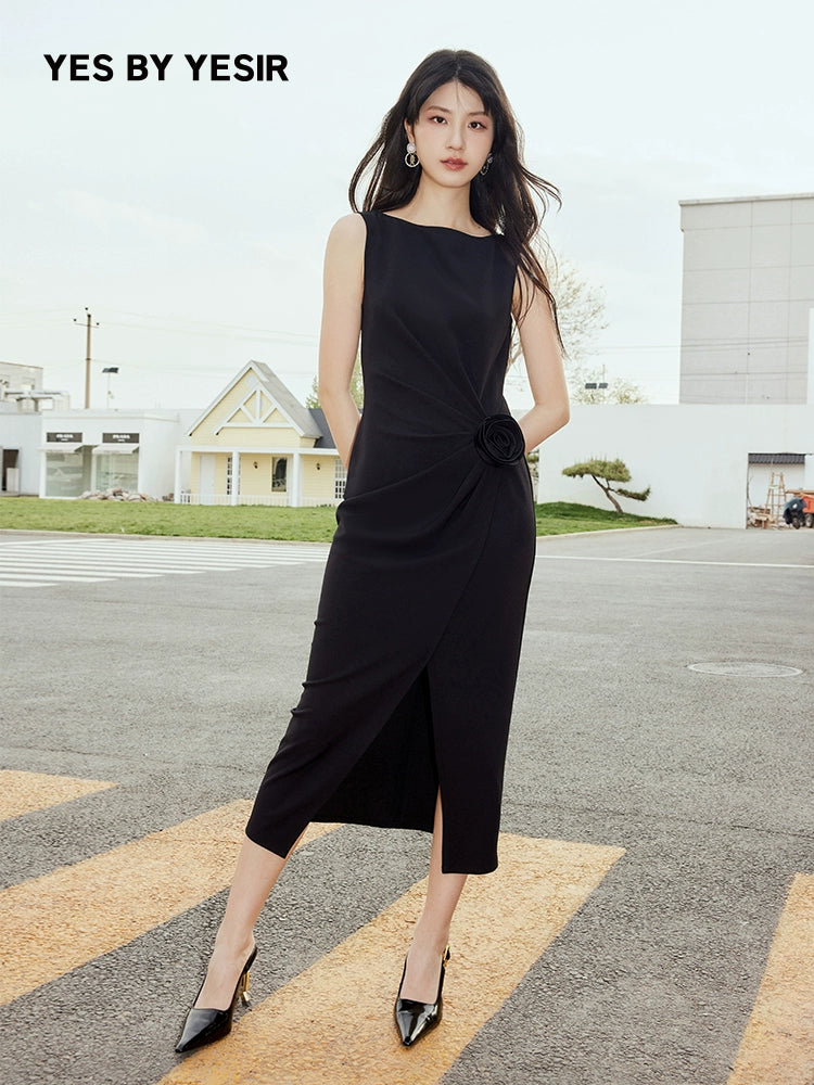 YES BY YESIR |Ye Qian 3D Floral Slit Dress with Sculpted Petals & Statement Grace-AMARIEL.