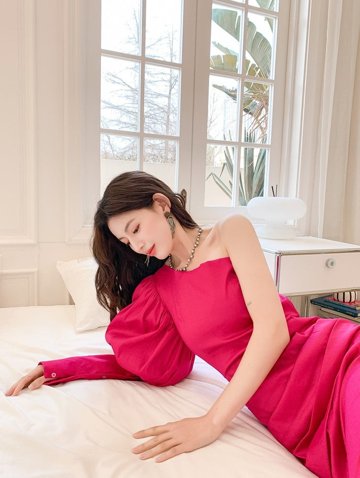 DOLLY Elegant Pink One Shoulder Lantern Sleeve High waist Slit Long Party Dress-KATE