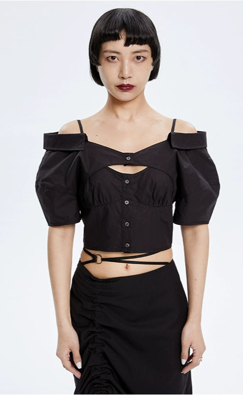 TINY IN stitched off-the-shoulder cut-out ultra-cropped women's shirts- CART