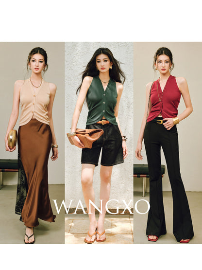 WANGXO |Vertical-Cut Acetate Double-Sided Threaded Halterneck Knitted Top -VELA