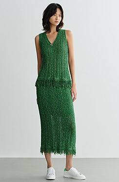 COMME MOI Lv Yan designer spring new women's beaded tassel cut-out knitted skirt - DAISY.