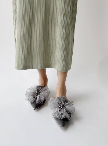 B-FEI flower embossed velvet pointed toe flat slippers-HAEIN.