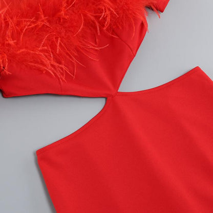 DOLLY Luxury Black Feather Tube Top Waist Baring Slim Fit Long Cocktail Dress-JAJA