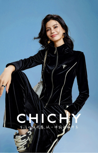 CHICHY slimming classic retro socialite style black velvet two-piece set-ADORA.