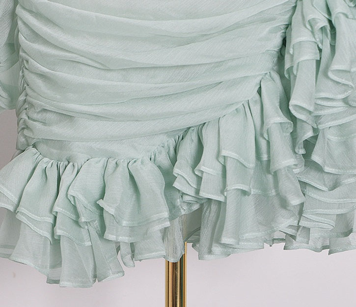 D0LLY Luxury French Style V-Neck Long Puff Sleeve Chiffon Pleated Ruffle Dress-VERA