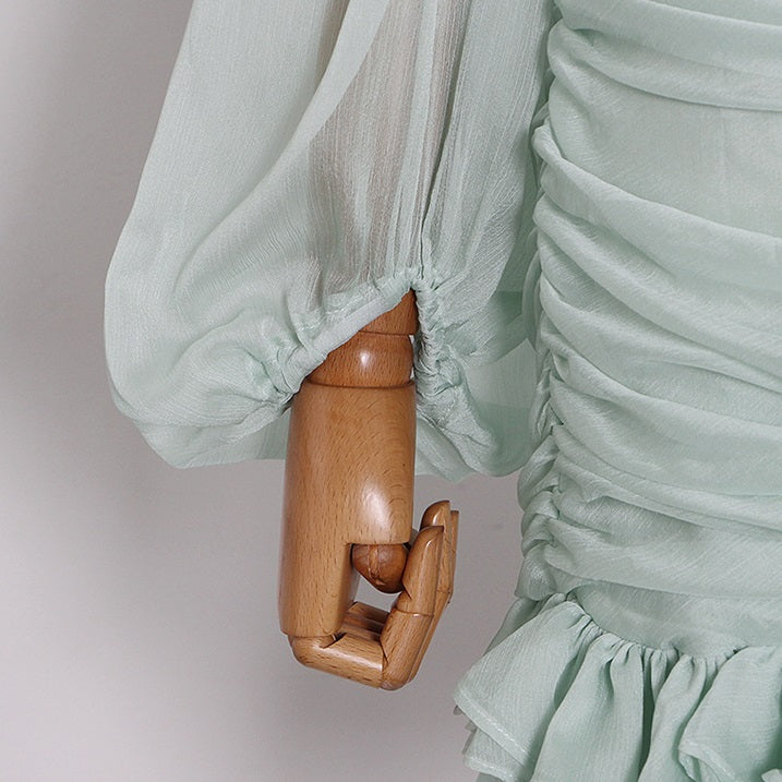 D0LLY Luxury French Style V-Neck Long Puff Sleeve Chiffon Pleated Ruffle Dress-VERA