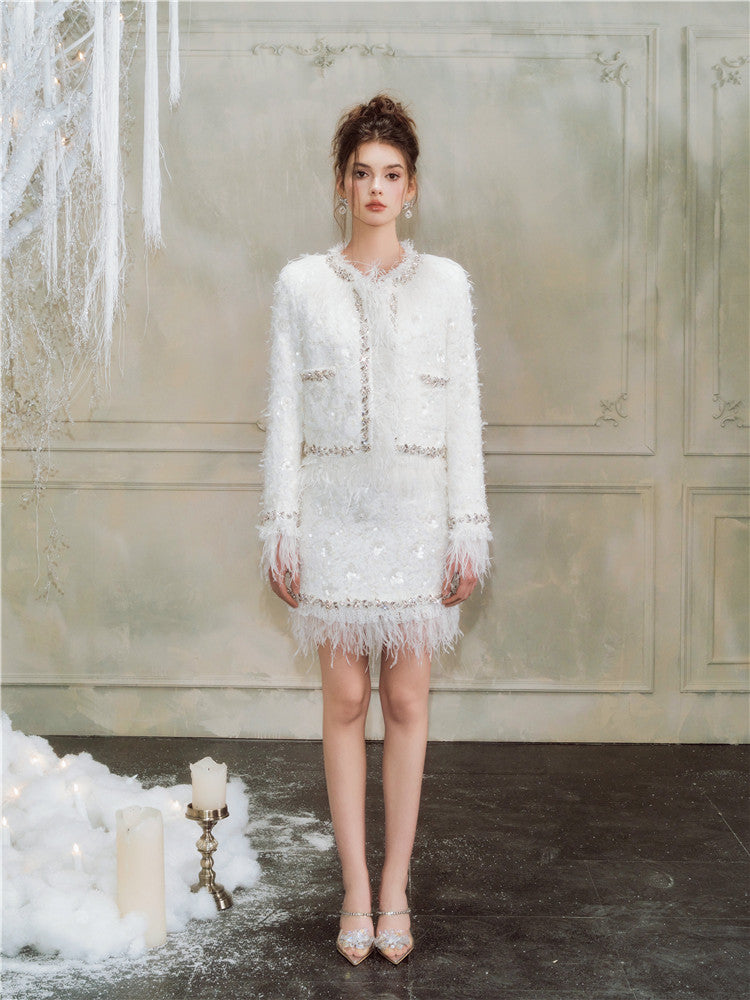 Wardrobes By Chen Elegant White Feather Short Jacket Short Skirt-Serene