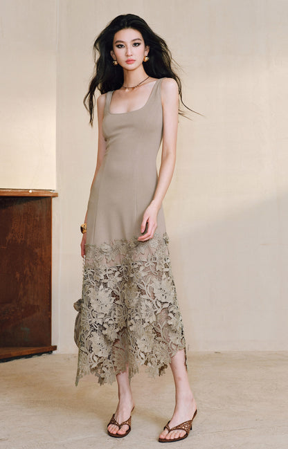 WANGXO High Stretch Knitted Stitching Neckline Slim Fit Three-Dimensional Split Sleeveless Dress - ELISE