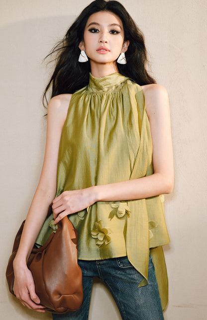 WANGXO Luxury Brand High-End Tencel Acetate Heavy Handmade Nail Flowers French Loose Ribbon Sleeveless Top - MAEVE