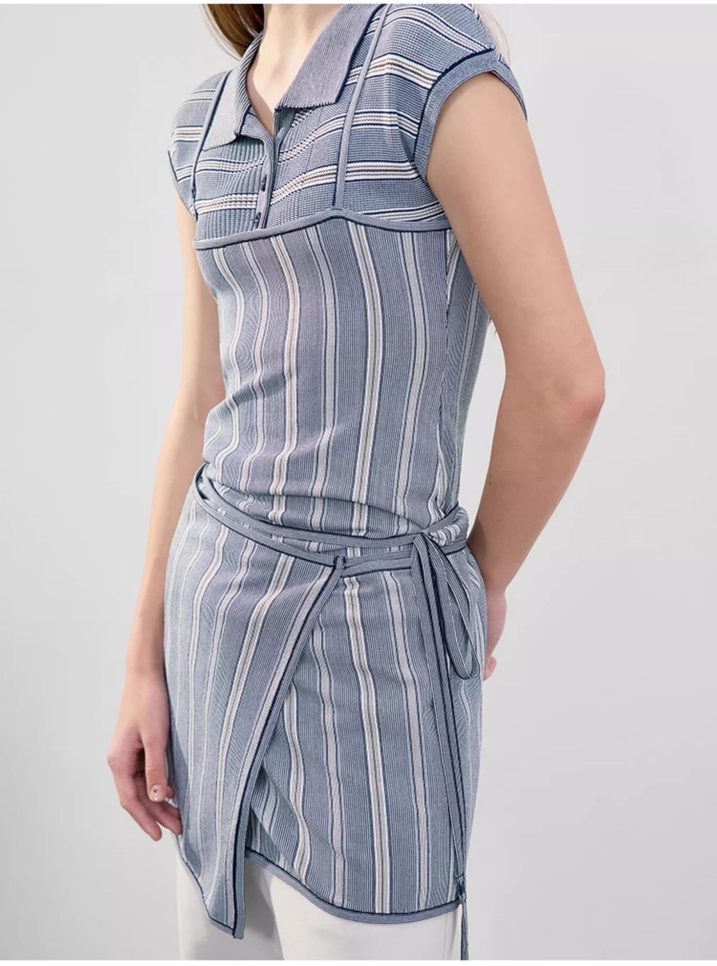 Nothing Written knitted short sleeve t-shirt striped polo neck top camisole-TESS.
