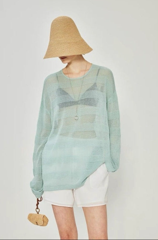PIAOIN Striped Knitwear Women's Long Staple Cotton Crew Neck T-Shirt-NATALIA.