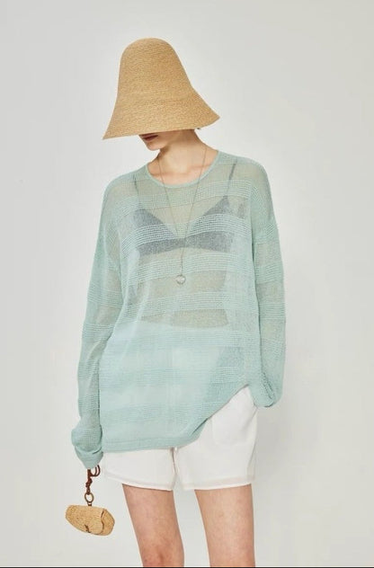 PIAOIN Striped Knitwear Women's Long Staple Cotton Crew Neck T-Shirt-NATALIA.