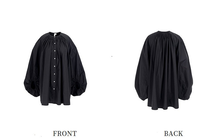 ZHUCHONGYUN Cotton Black Pinch Pleated Loose Straight Shirt--CHIDOME.