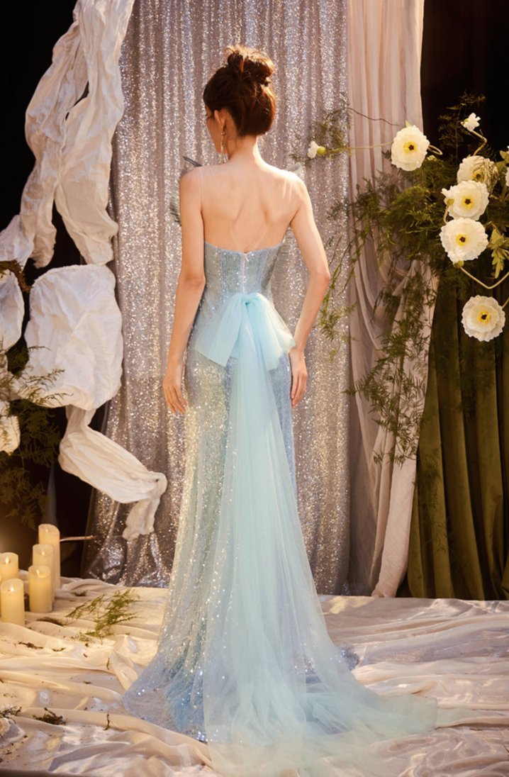 DOLLY Elegant Gradient Blue Sleeveless Off Shoulder Sequin Dress-SANDY