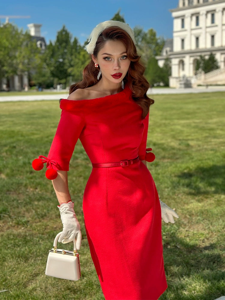 Le Palais Vintage Red Trim Tweed Off-the-Shoulder Dress-DANA