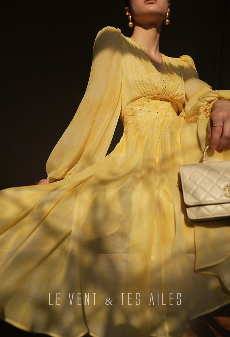 LE VENT&TES AILES 100% Silk French Haute Smudge V-Neck midi yellow Dress - FAYE