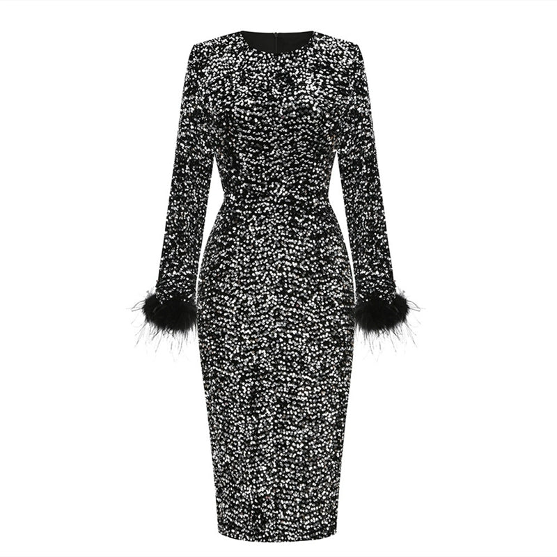 DOLLY Elegant Retro Style Crew Neck Long Sleeve Sequin Long Banquet Dress-TANIA