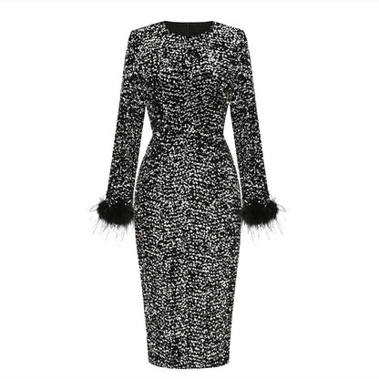 DOLLY Elegant Retro Style Crew Neck Long Sleeve Sequin Long Banquet Dress-TANIA