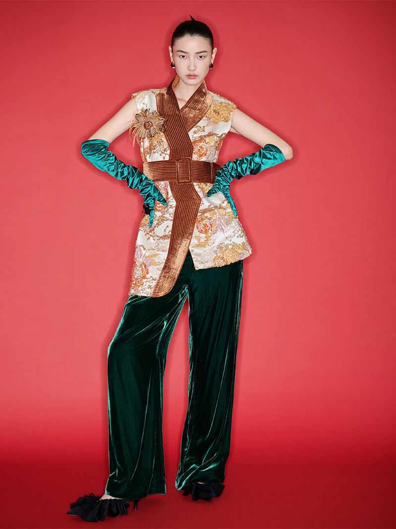 M essential Mackay designer quilted wide belt placket vest pant set- indira