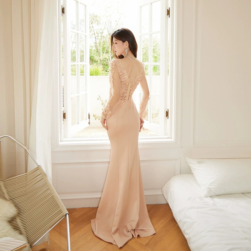 DOLLY Elegant Deep V-Neck Long Sleeve High Waist Long Embroidery Dress-KATYA