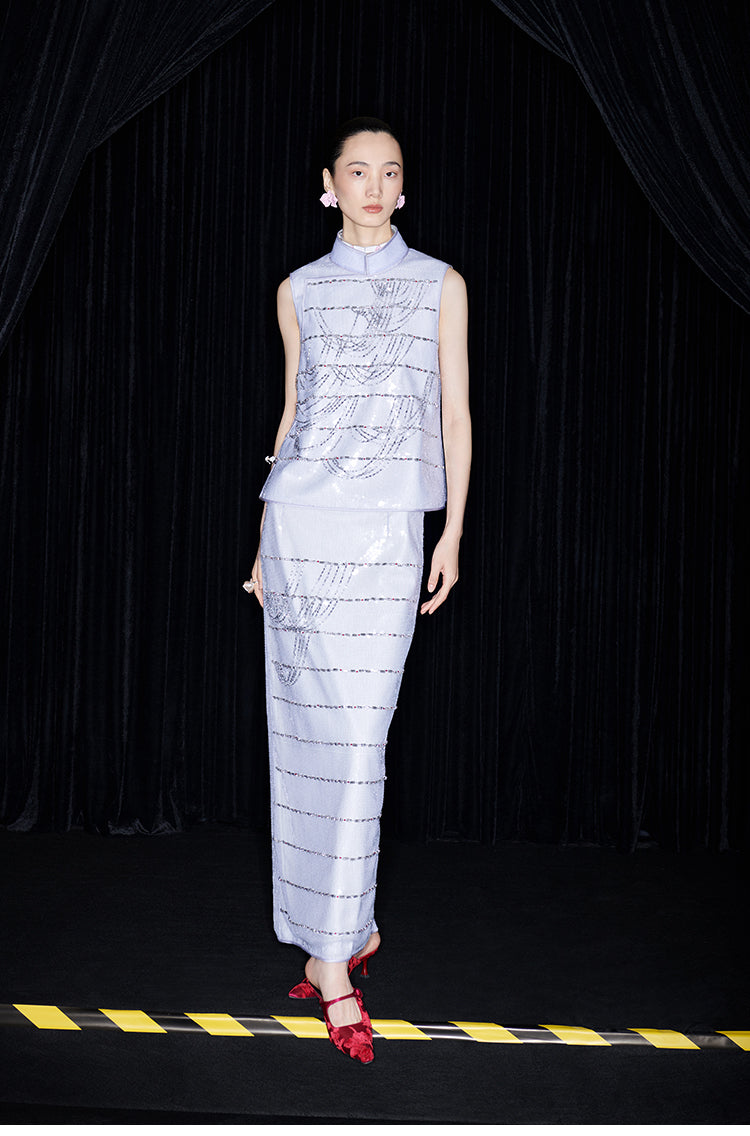 M essential Mackay designer catenary beaded stand-up collar vest - tempaa