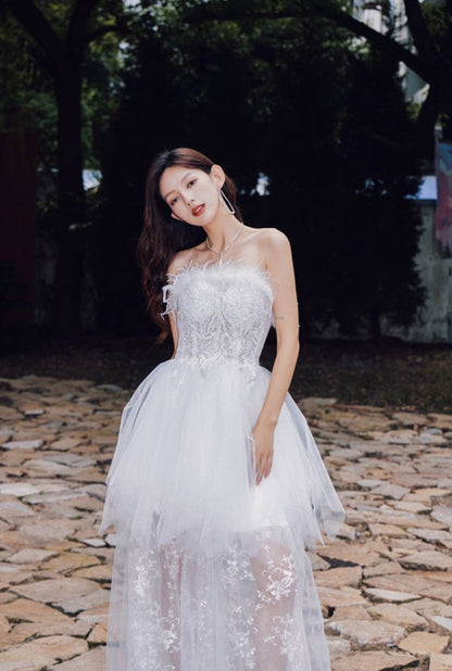 DOLLY Elegant Sleeveless Feather Tube Top Embroidery Long Tutu Dinner Dress-KYLIE