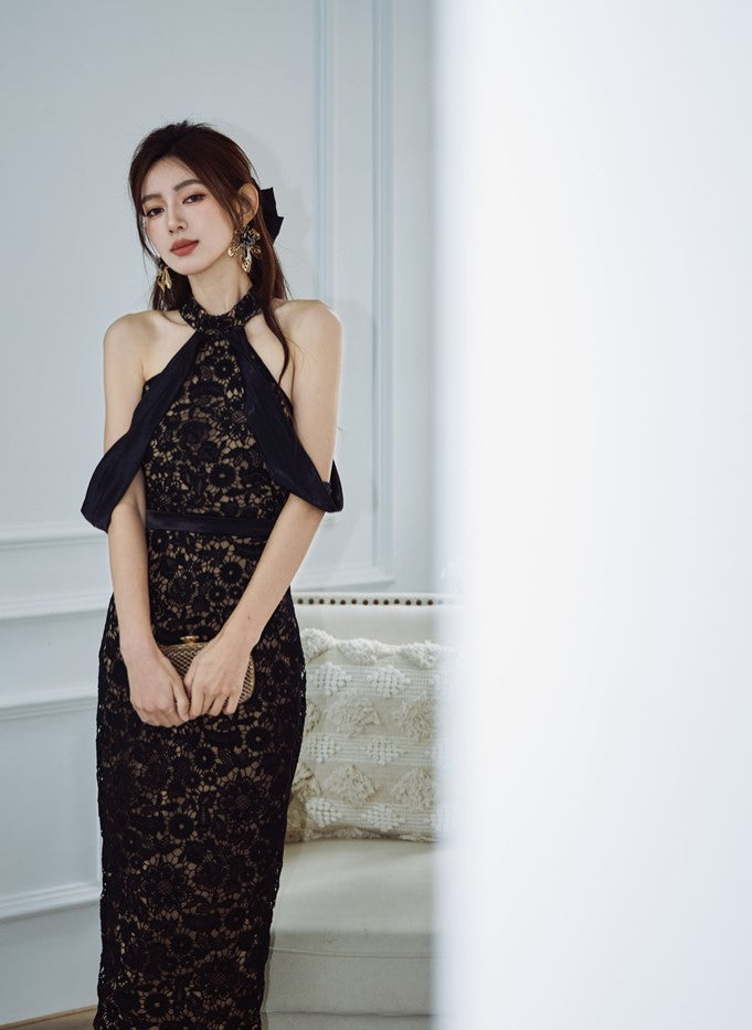 DOLLY Luxury Black Lace Sleeveless Halter Neck Slim Fit Midi Formal Dinner Dress-ANGELA