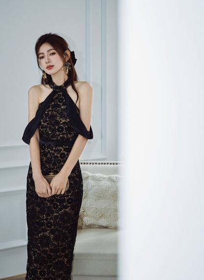 DOLLY Luxury Black Lace Sleeveless Halter Neck Slim Fit Midi Formal Dinner Dress-ANGELA