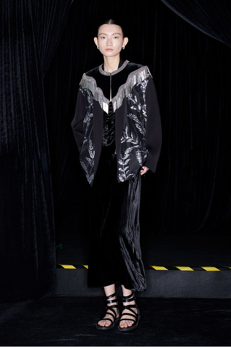 M essential Mackay designer silk-velvet crewneck tassel cape blazer dress set-  Benny.