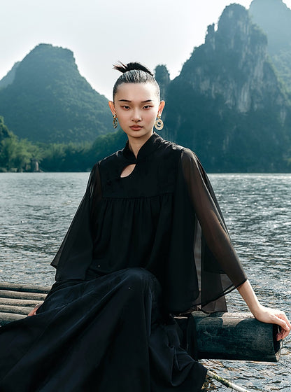 HECO [Feng Wu Clear Sleeves] New Chinese Standing Collar Buckle Flowing Dress- CLOAK.