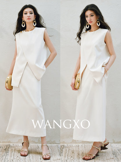 WANGXO | Imported Twisted Drape Fabric Elegant Commuter-Style Diagonal Placket with Loose Pleated Slit Vest & Skirt Suit Set -NALA