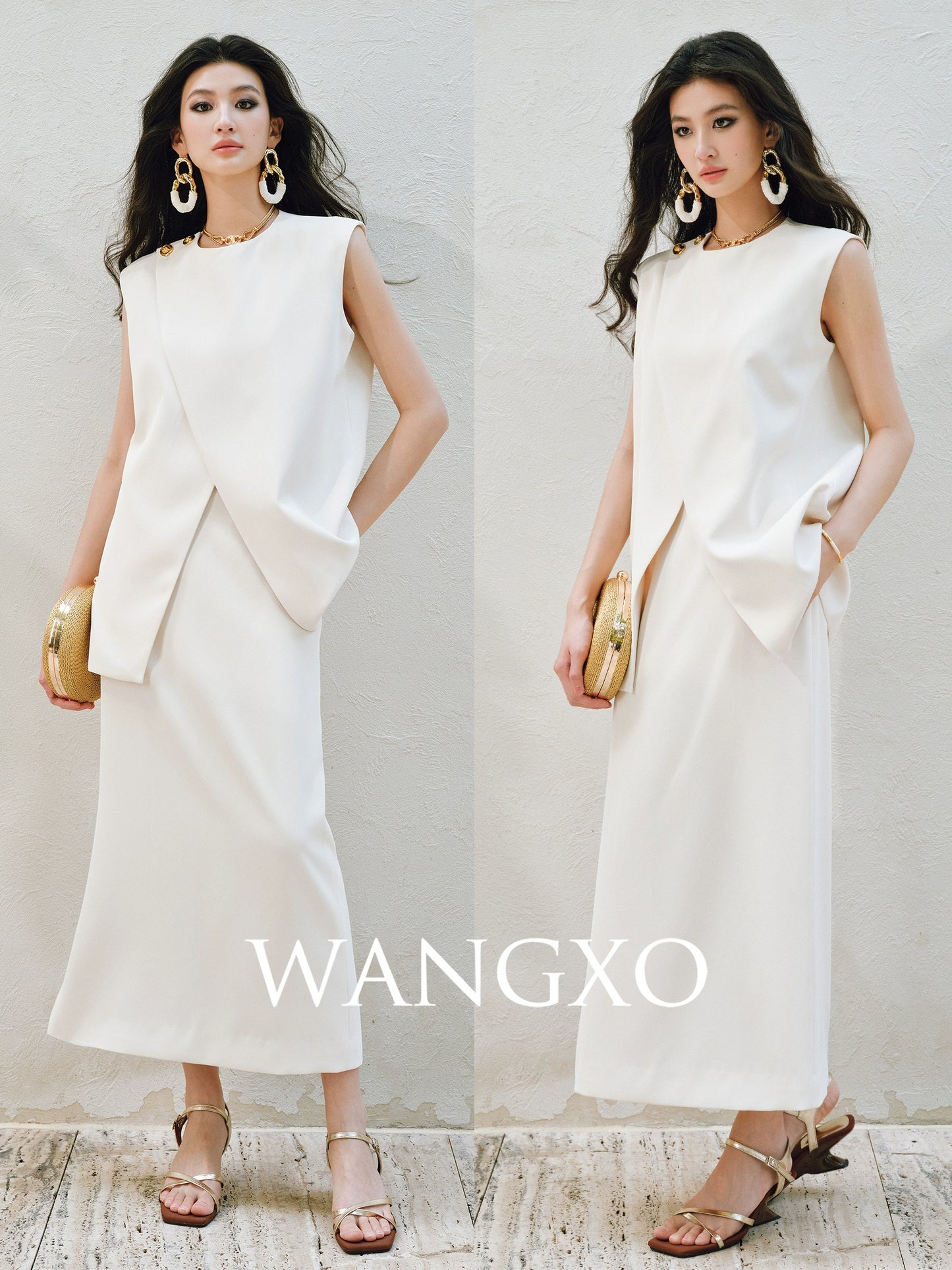 WANGXO Elegant Commuter-Style Diagonal Placket with Loose Pleated Slit Vest & Skirt Suit Set -NALA