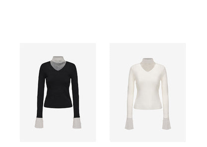 ATELIER MISS LU Fall/Winter pearl-embellished gauze patchwork knitted top - SADE.