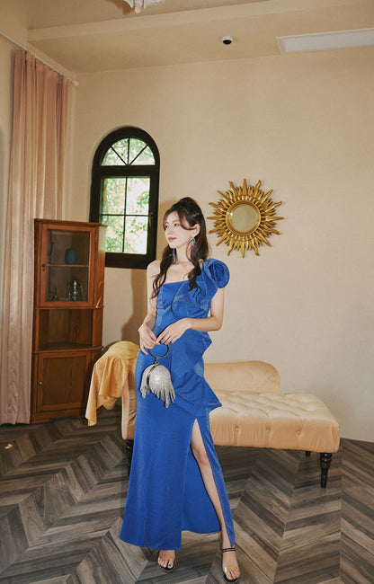 DOLLY Elegant Blue Retro Style Ruffled Off Shoulder Long Slim Fit Slit Dinner Dress-CHITA