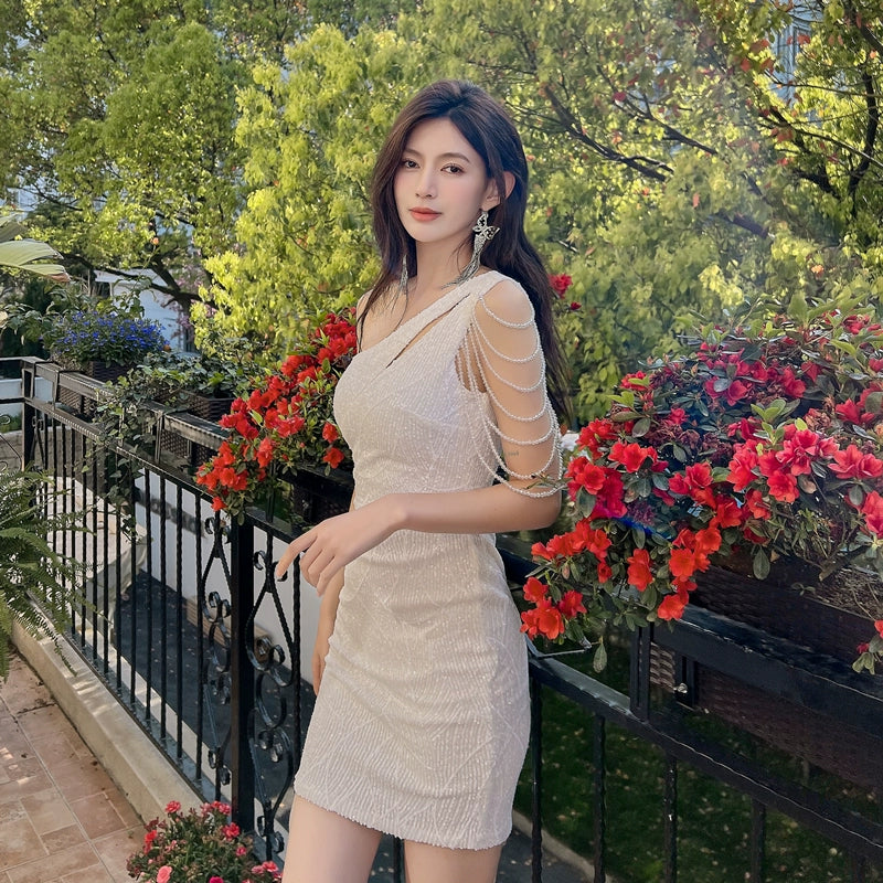 DOLLY Elegant Slant Collar Sleeveless Splice Sequin Slim Fit Dinner Guest Dress-NANA