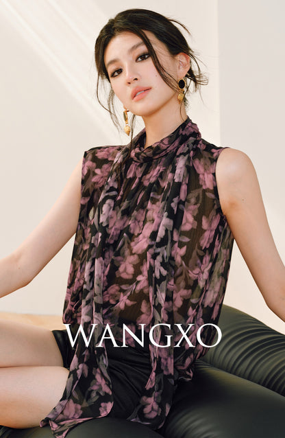 WANGXO | Stand Collar Shun Yu Wrinkled Print Sleeveless Ribbon Shirt -EVELINA.
