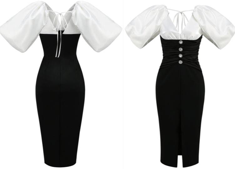 DOLLY Elegant Black and White Deep V-Neck Short Puff Sleeves Slim Fit Office Dress-ZOEY