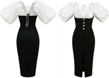 DOLLY Elegant Black and White Deep V-Neck Short Puff Sleeves Slim Fit Office Dress-ZOEY