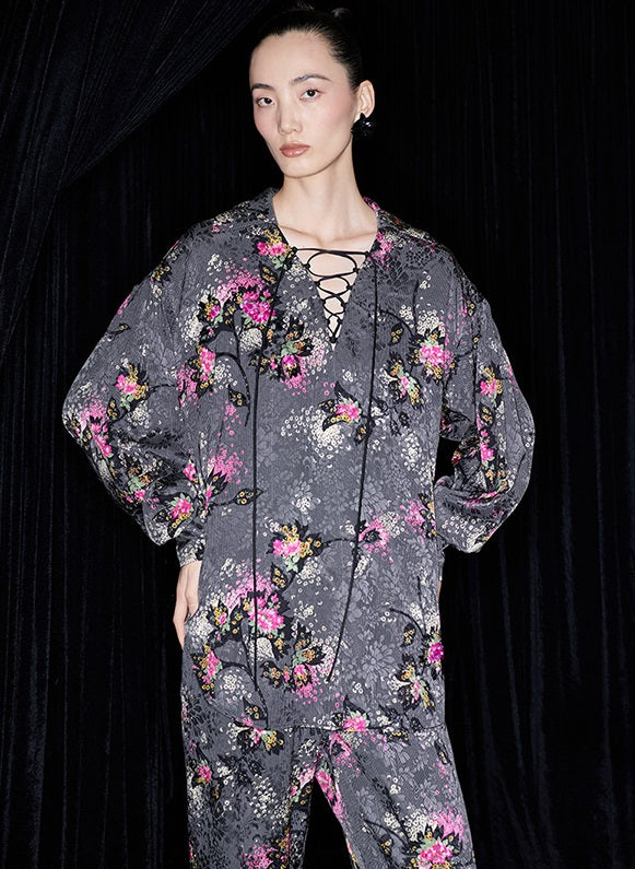 M essential Mackay designer cherry blossom print beads scissor neck loose top - NOCTAINE.