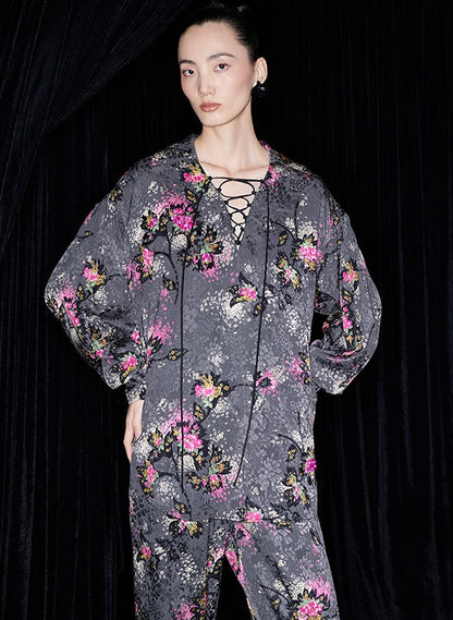 M essential Mackay designer cherry blossom print beads scissor neck loose top - NOCTAINE.