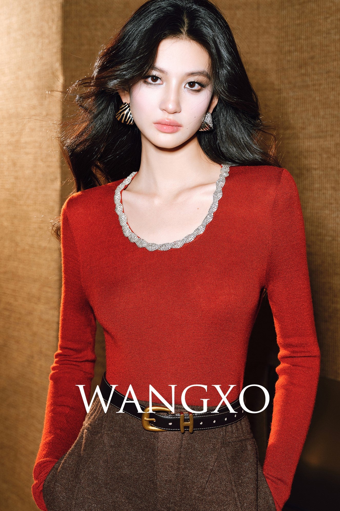 WANGXO | Diamond Chain Trim U-Neck Knitted Long Sleeve Top-EIRA.