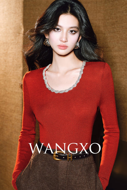 WANGXO | Diamond Chain Trim U-Neck Knitted Long Sleeve Top-EIRA.