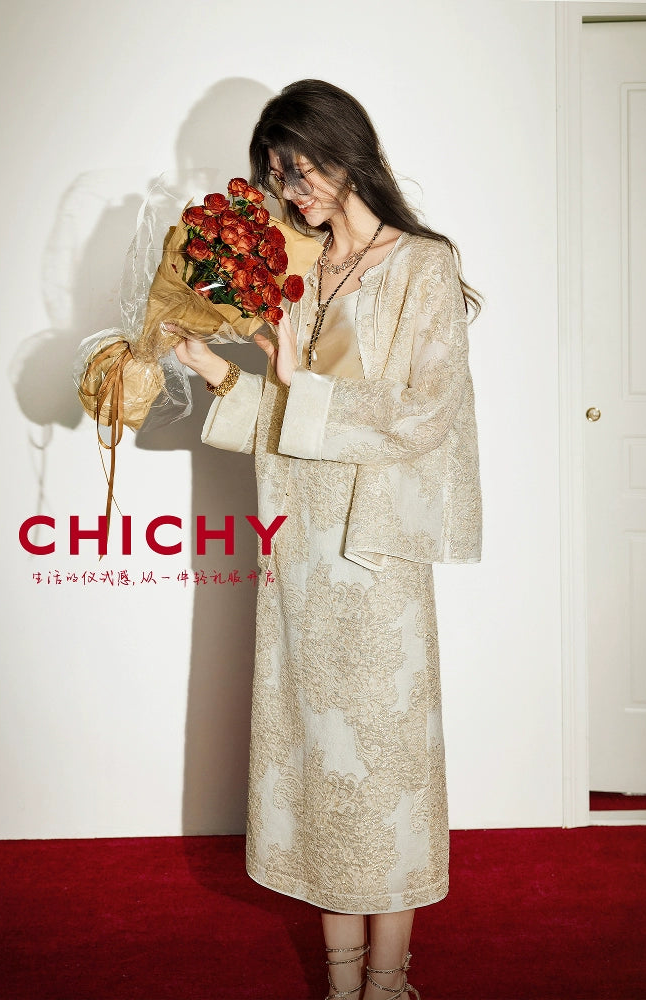 CHICHY mulberry silk national style embroidery jacquard top long skirt set-DINA