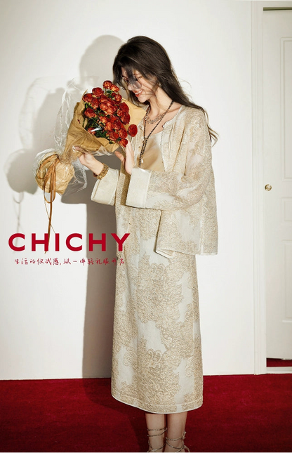 CHICHY mulberry silk national style embroidery jacquard top long skirt set-DINA